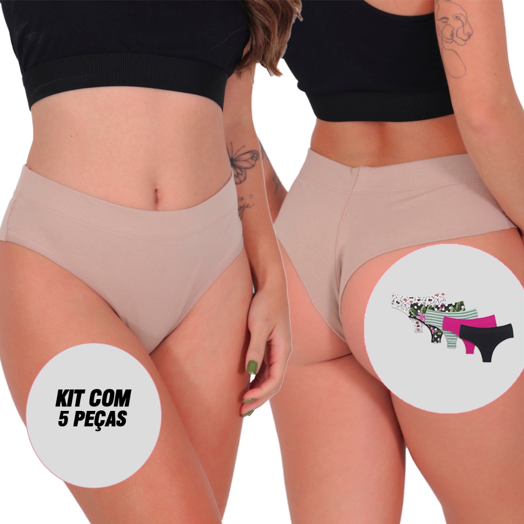 Kit 5 Tangas Fio Duplo Cintura Alta Algodão Penteado Lingerie Moda Íntima Feminina