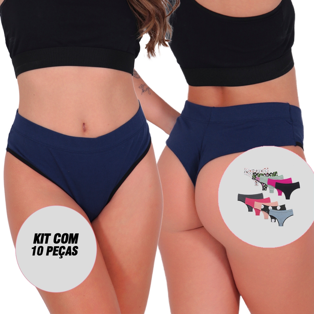 Kit 10 Calcinhas Tangas de Algodão Fio Duplo Cintura Alta Lingerie - Women Clothes