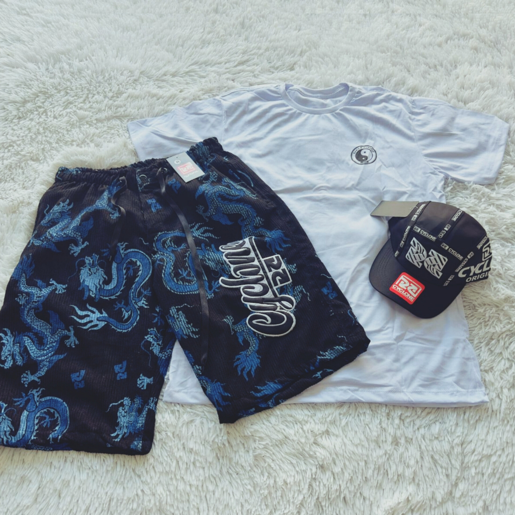 Bermuda Cyclone Veludo Preta Dragão + Camiseta Algodão White e Boné