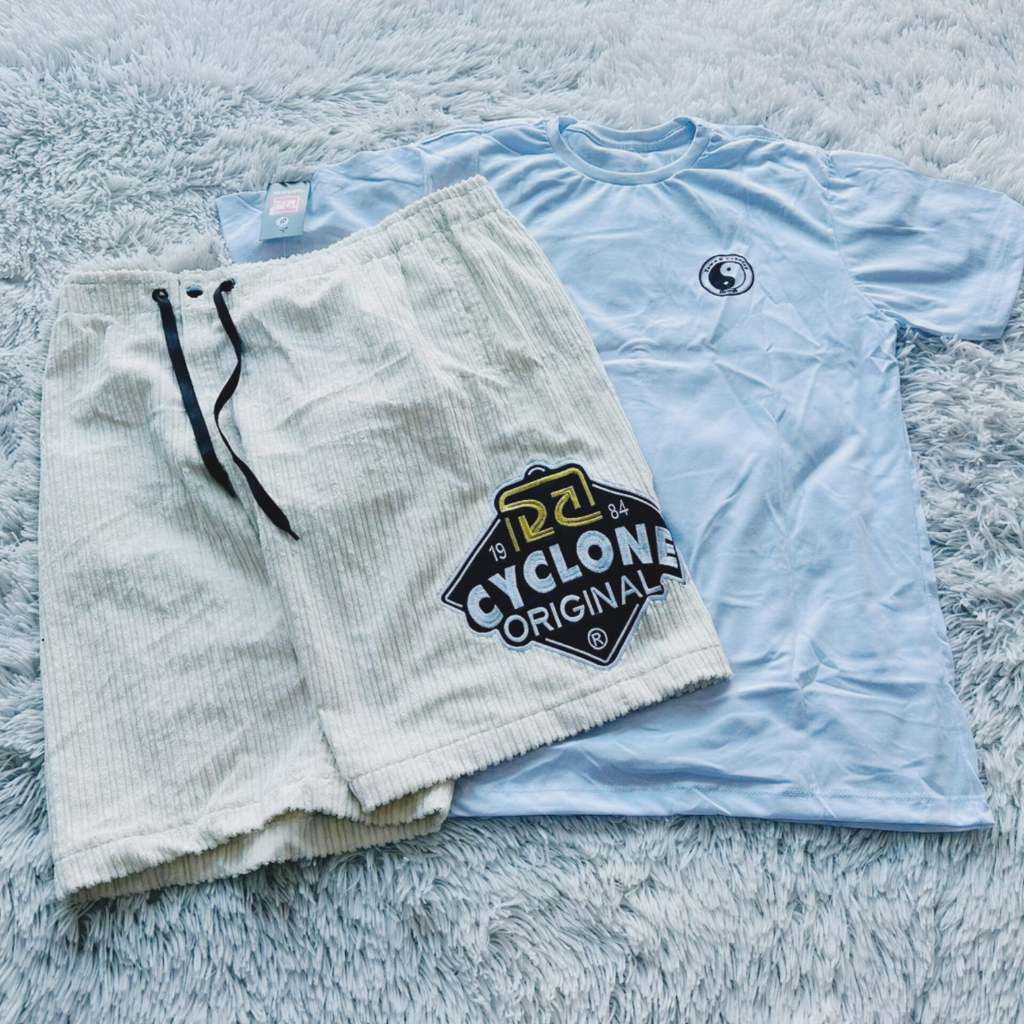 Kit Branco Bermuda Cyclone Veludo + Camiseta Chave New Pop