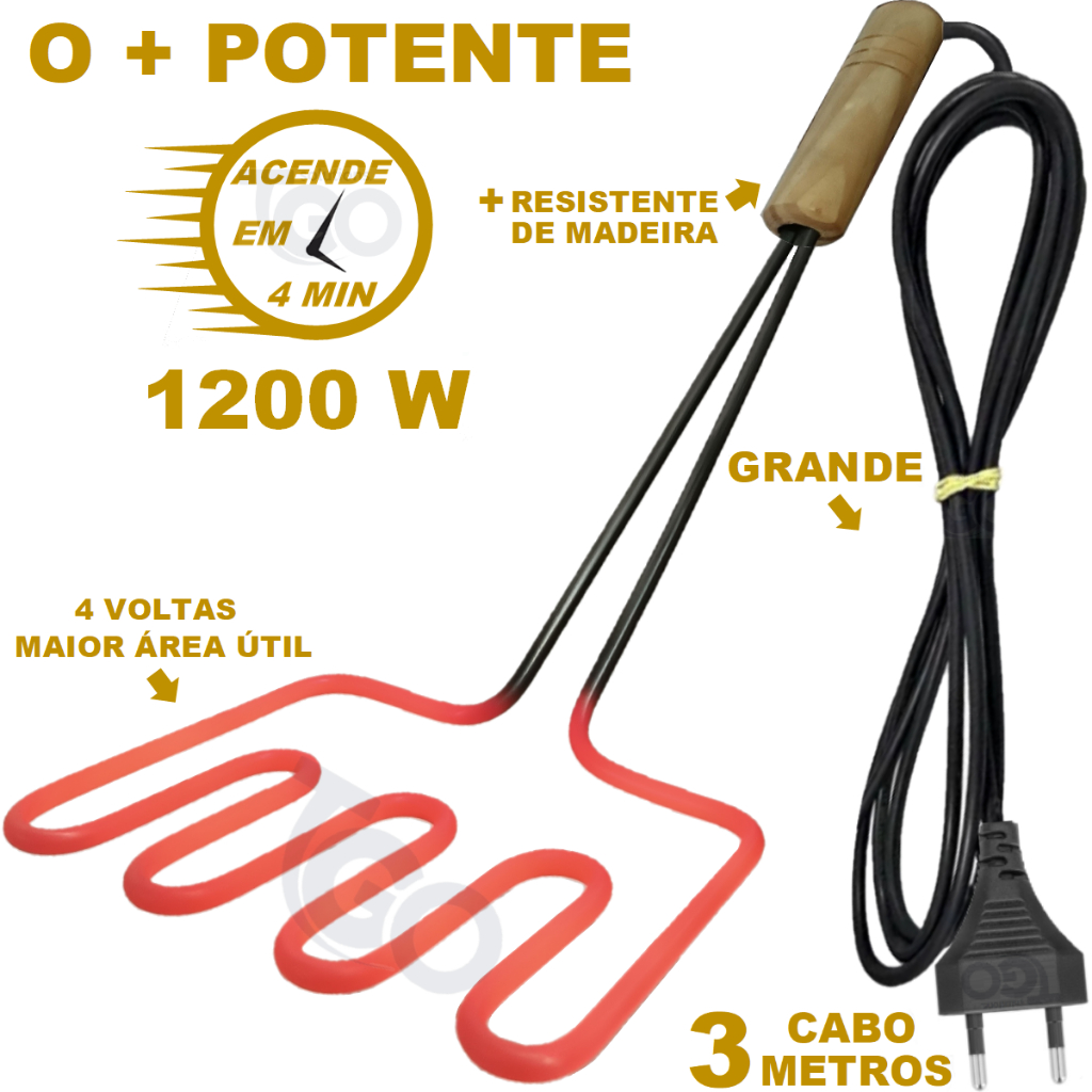 Acendedor de Carvão Elétrico P/ Churrasqueira Super Potente 1200w + Resistência de Inox