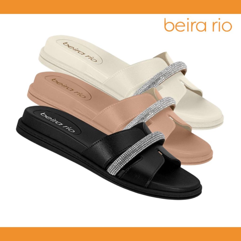 Chinelo Rasteirinha Feminina Flat Beira Rio Elegante Com Strass Brilhante