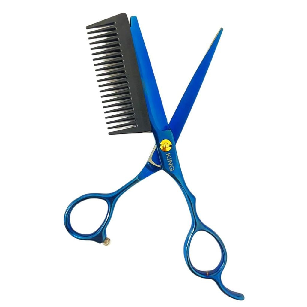 Tesoura com Pente Embutido King 2 Em 1 Corte Fio Navalha 6.0 Azul Furtacor