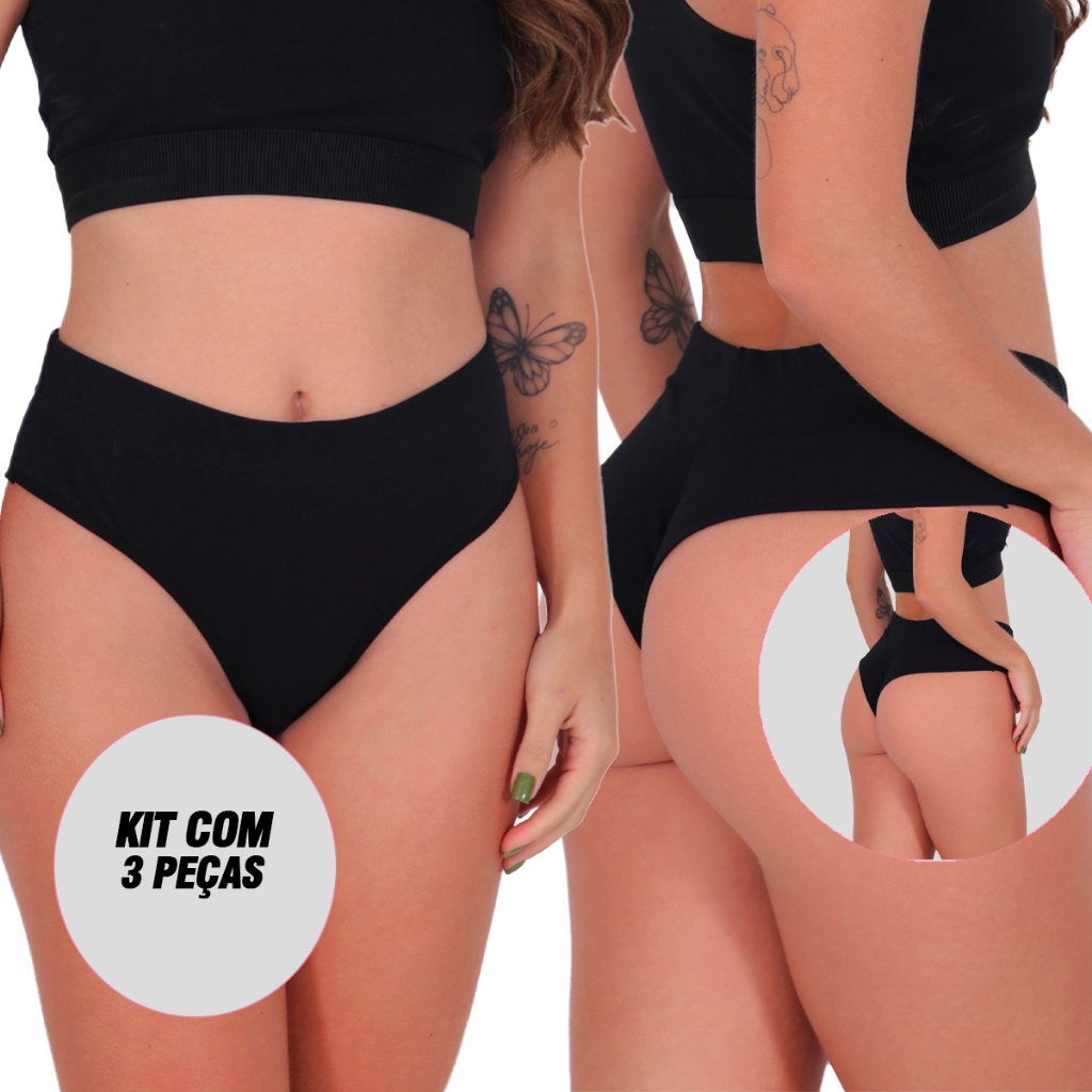 Kit 3 Calcinhas Tangas de Algodão Fio Duplo Cintura Alta Lingerie - Women Clothes