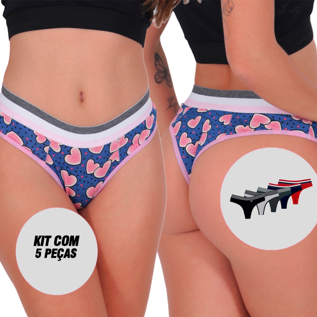 Kit 5 Calcinhas Tangas Fio Dental Listra Algodão Penteado Lingerie em Oferta na Shopee