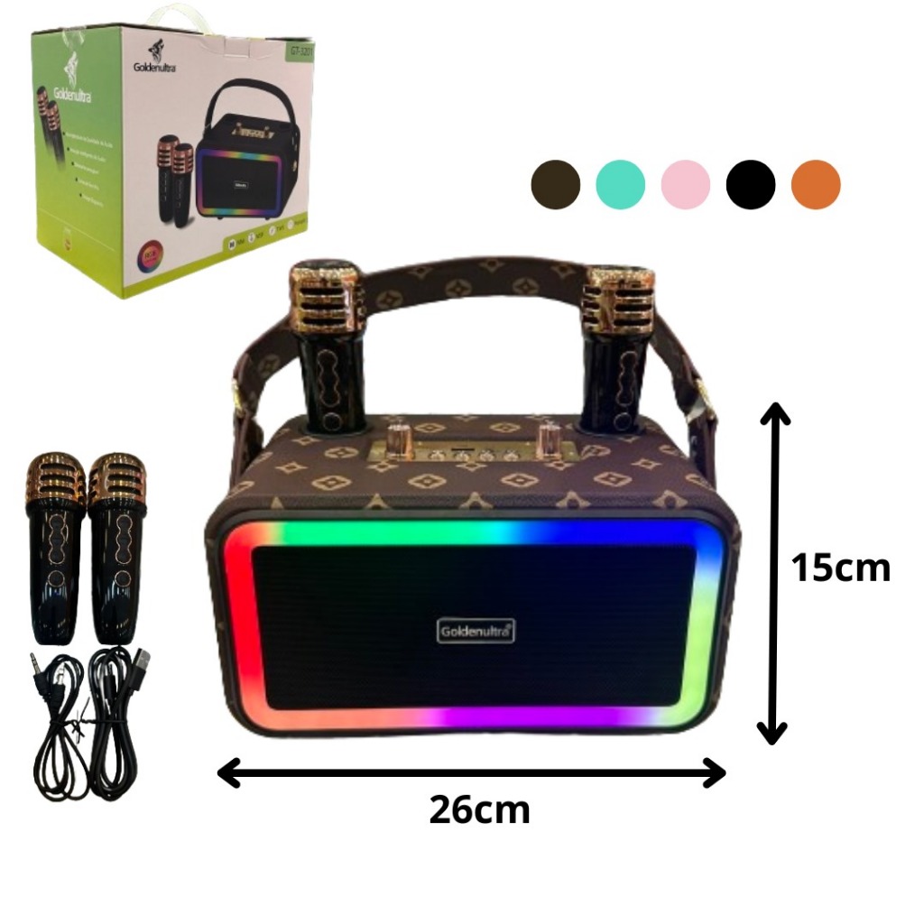Caixa de Som RGB Bluetooth Rádio FM Karaokê com 2 Microfones Alça Portátil