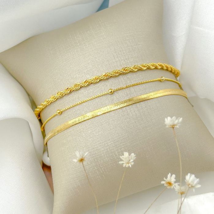 Kit 3 Pulseiras ouro 18k Folheada Cordão Baiano Fio Liso Metalizada Conjunto Pulseira Feminina de Bolinha em Oferta na Shopee