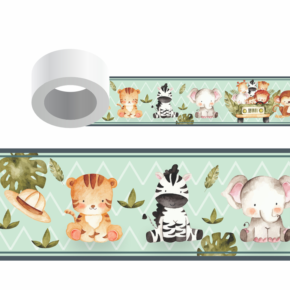 SAFARI FX0.128 - Kit com 2 Faixas Papel de Parede Faixa Adesiva Decoração Safari Verde Para Quarto Infantil