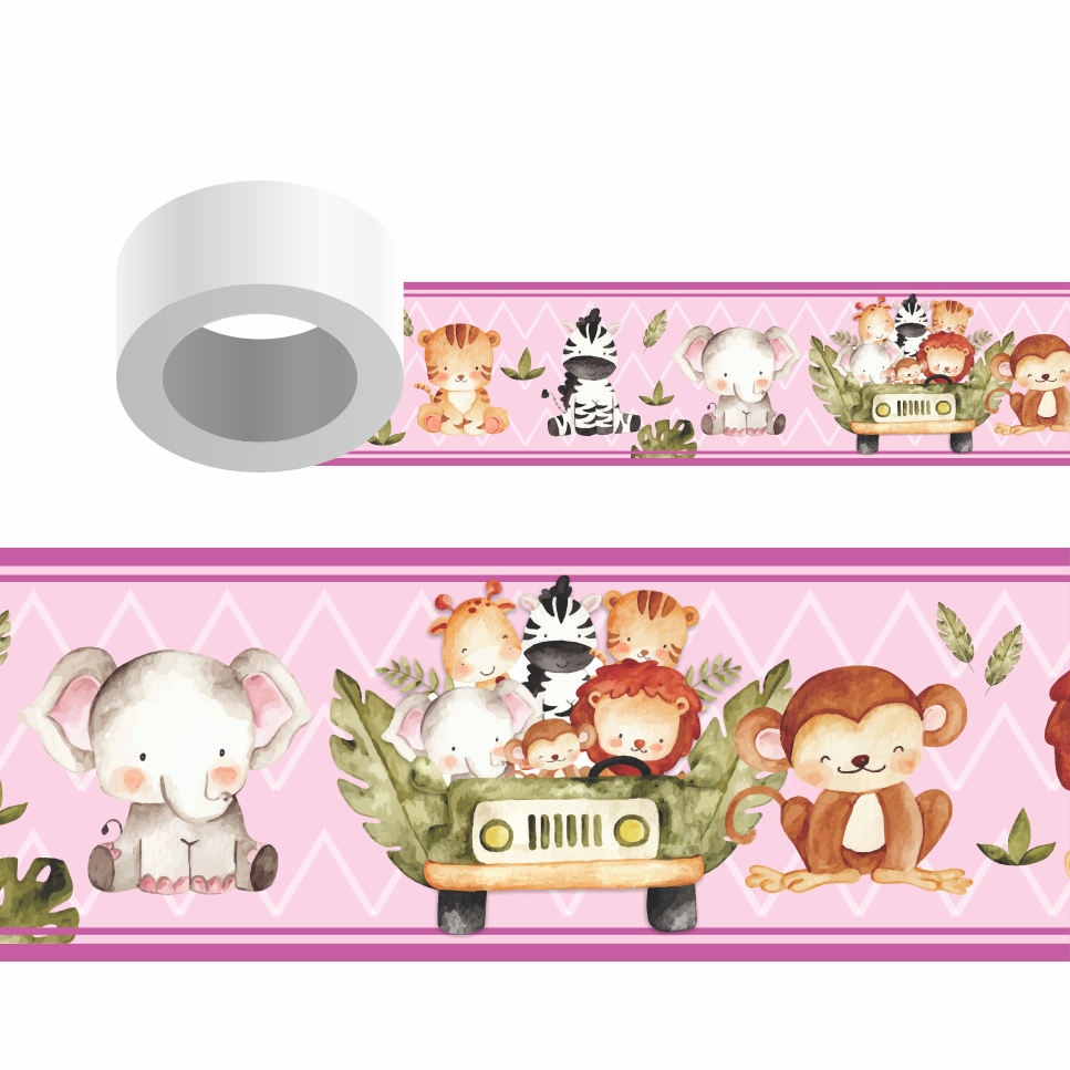 SAFARI FX0.119 - Kit Faixas Papel de Parede Faixa Adesiva Decoração Safari Rosa Para Quarto Infantil