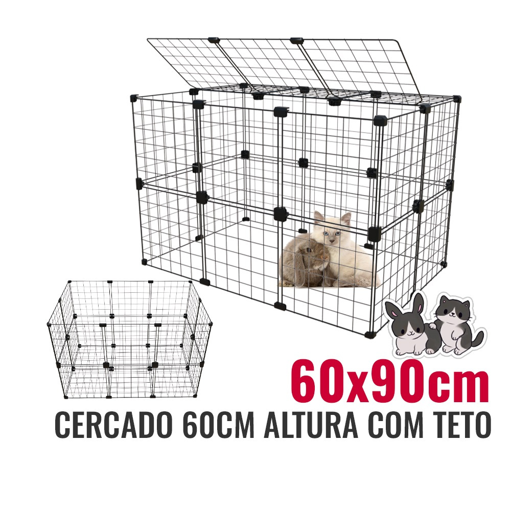 Cercado Espaçoso 60x90cm para Coelho Gato e Cachorro Pequeno Uso Duplo com Teto ou Fundo Branco e Preto