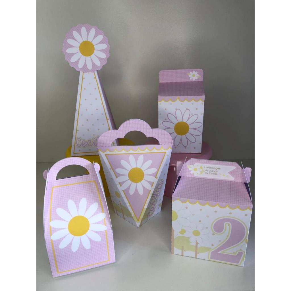 Personalizados Margaridas Rosa - kit festa - lembrancinha - aniversario - caixinhas personalizadas - festa infantil