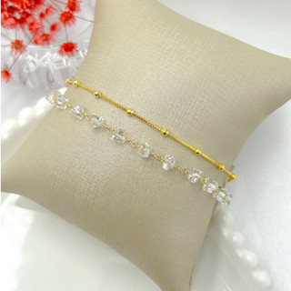 Kit 2 Pulseiras ouro 18k Folheada Bolinha Conjunto de Pulseira Feminina de Bolinha e cristal