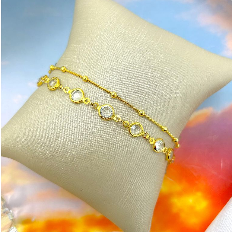 Kit 2 Pulseiras ouro 18k Folheada Bolinha Conjunto de Pulseira Feminina de bolinhas transparentes de cristal em Oferta na Shopee