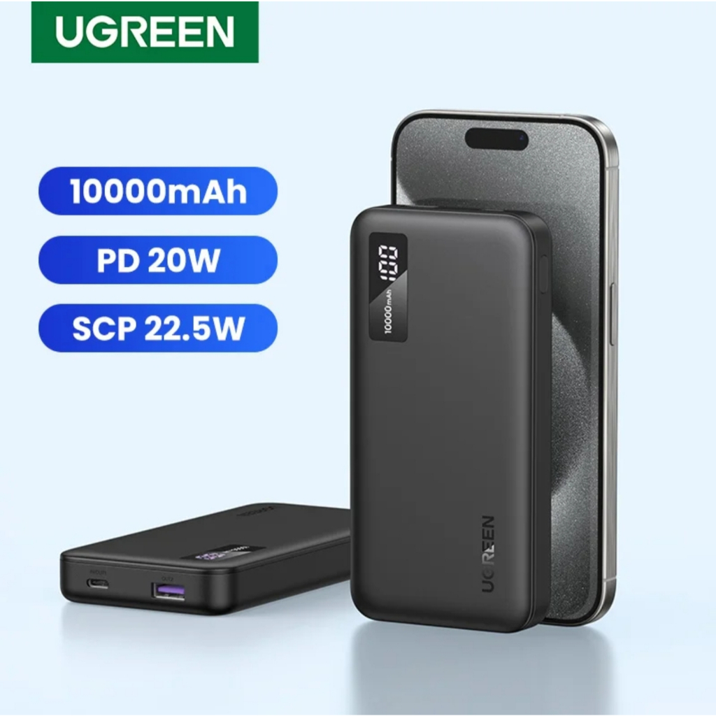 Ugreen Carregador portátil pd 20W 22,5W rápido 10000mAh Power Bank Bateria externa USB A + USB C qc 3.0 pd 3.0 (display digital tela led) compatível iPhone, Xiaomi, Galaxy, iPad, AirPods, MacBook, Dell, XPS, HP, Spectre, ( Produto já no Brasil )