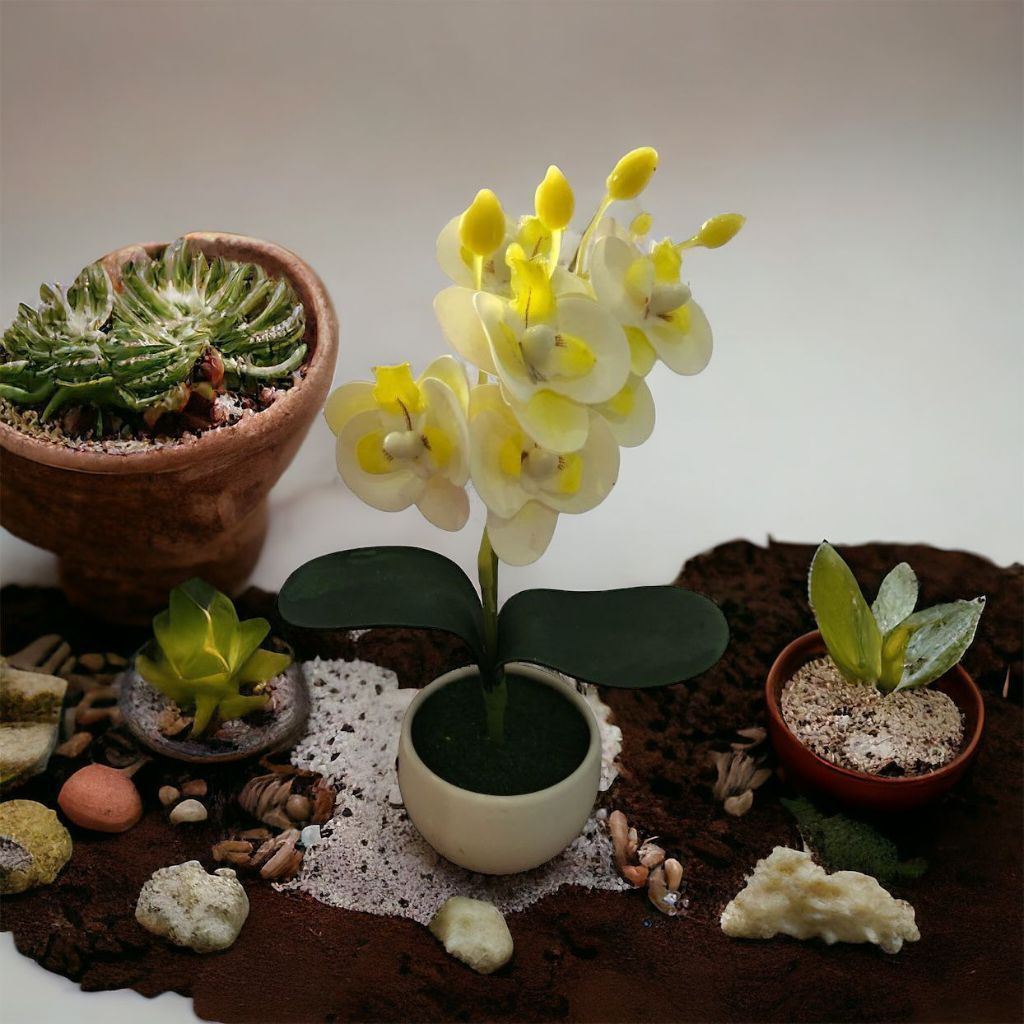 Kit 2 Arranjo Orquídeas Mini Planta Artificial Decorativo Com Vaso Completo jarro arranjinho banheiro sala quarto delicado toque real