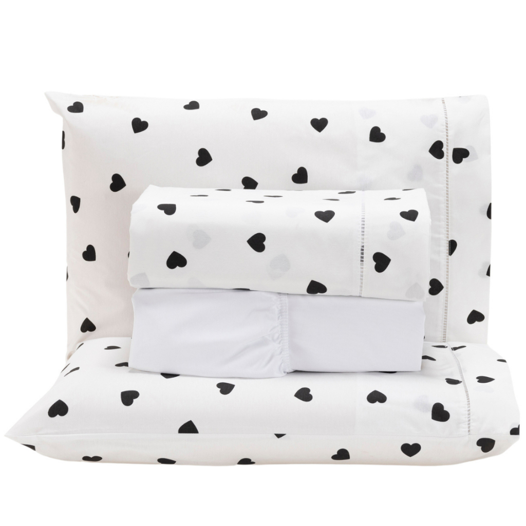 Jogo de Lençol Queen 3 Peças Percal 180 Fios Algodão Coração Preto em Oferta na Shopee