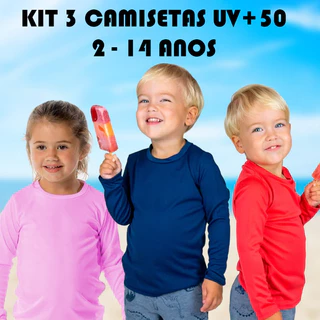 Kit 3 Camisetas Infantil Manga Longa Lisa Básicas Proteção UV 50 Praia Piscina Meninos Meninas