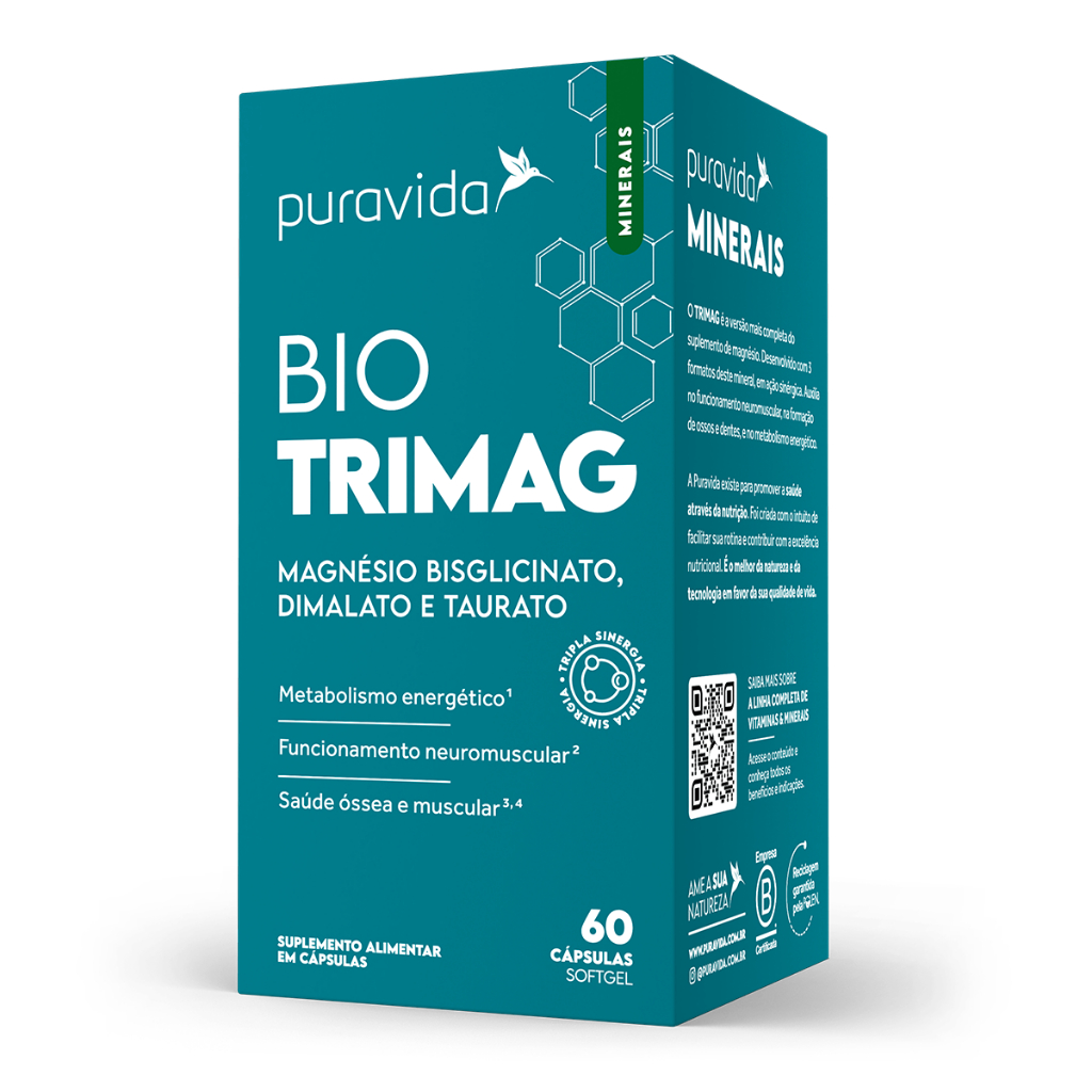 Bio Trimag Bisciglinato Dimalato Taurato 60 Caps - Fonte de 3 Magnésios Puravida