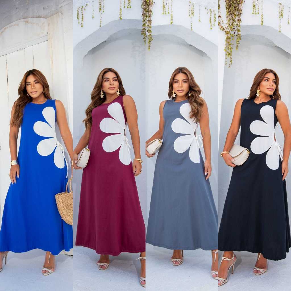 Vestido feminino, Vestido flor lateral, Vestido farm, Vestido longo.