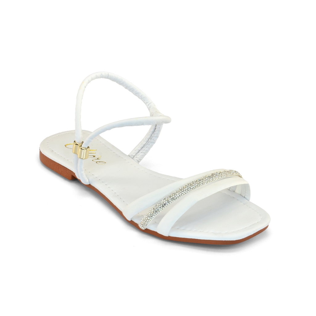 Sandalia Feminina Rasteirinha Branco Tiras e Brilho Regulagem Ajustável Confortável Flat Cores do Verao