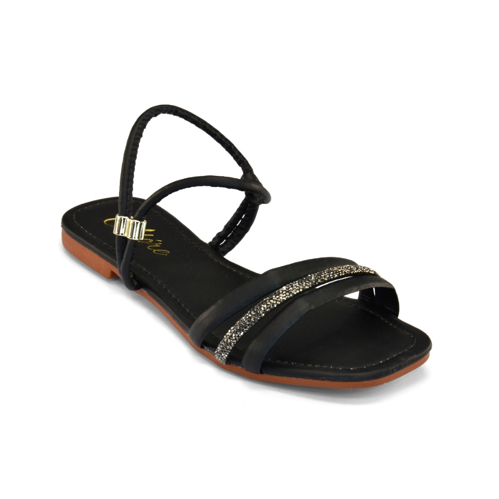 Sandalia Feminina Rasteirinha Preto Tiras e Brilho Regulagem Ajustável Confortável Flat Cores do Verao