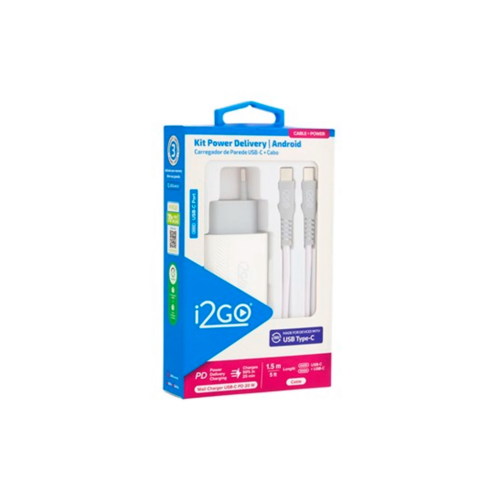 Kit Carregador Turbo Power 20 W + Cabo Usb-c/usb-c 1,5m I2go