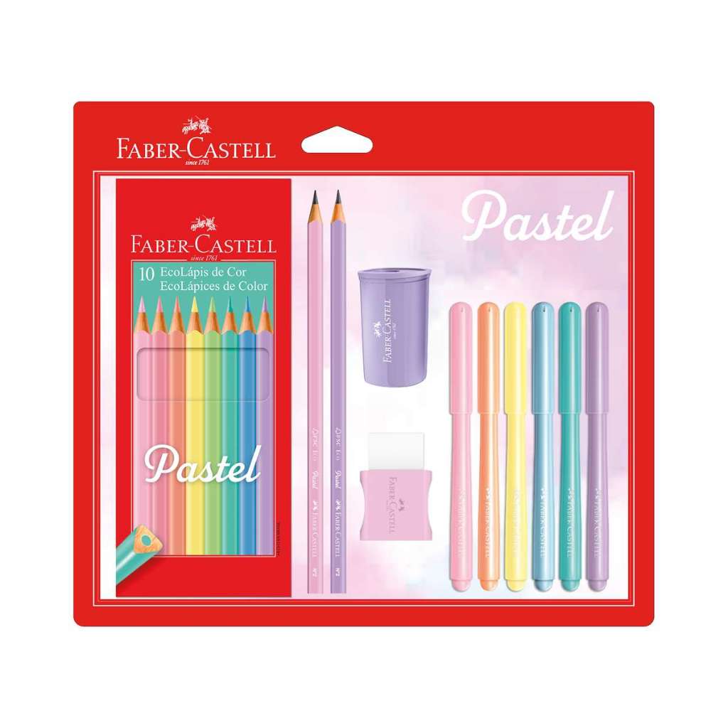 Kit faber castell Pastel 10 lápis de Cor Pastel + 6 Canetinhas + 1 Borracha + 1 Apontador e 2 Lápis