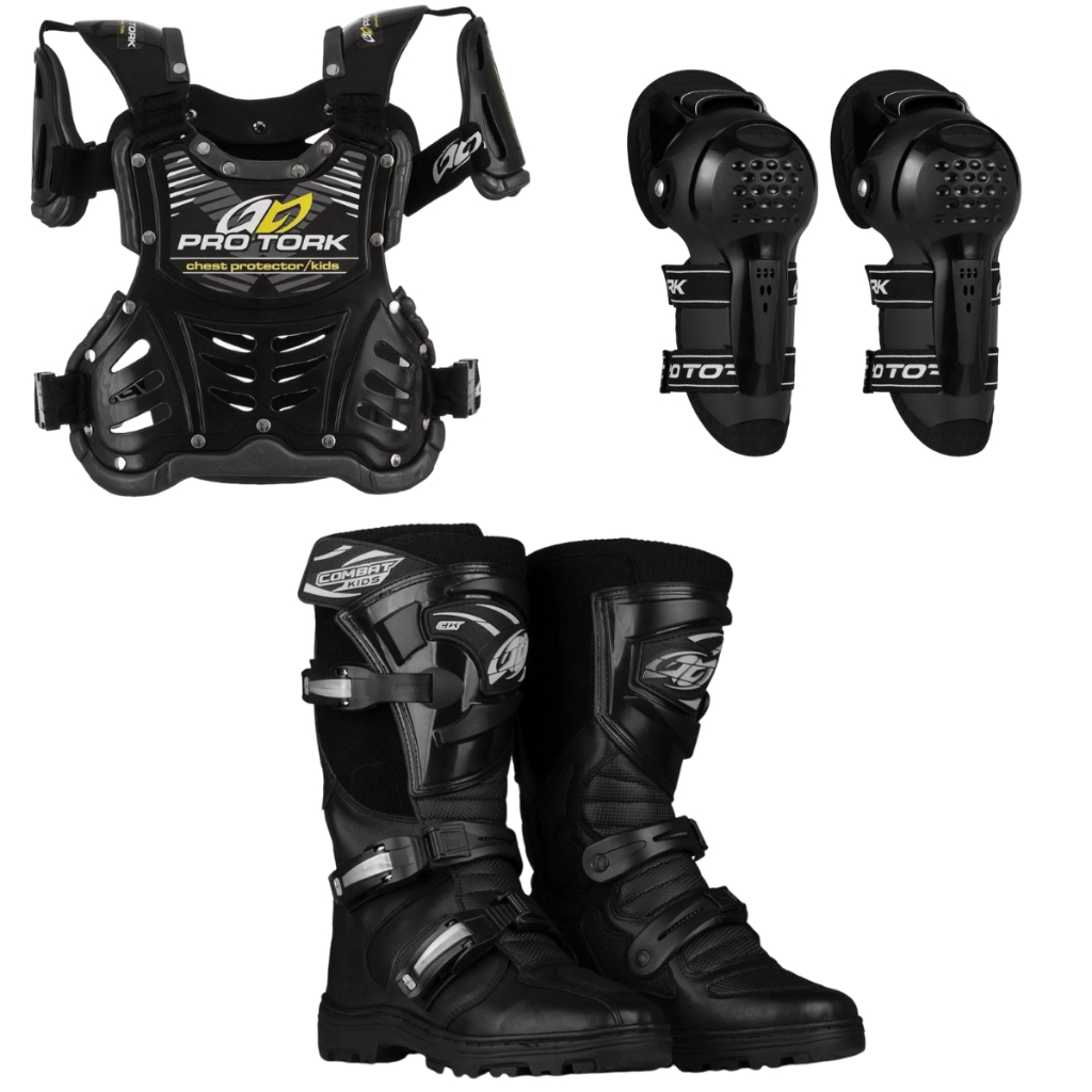 Kit Equipamentos Infantil Motocross Piloto Menino Menina Bota Combat Kids Joelheira + Colete Tork