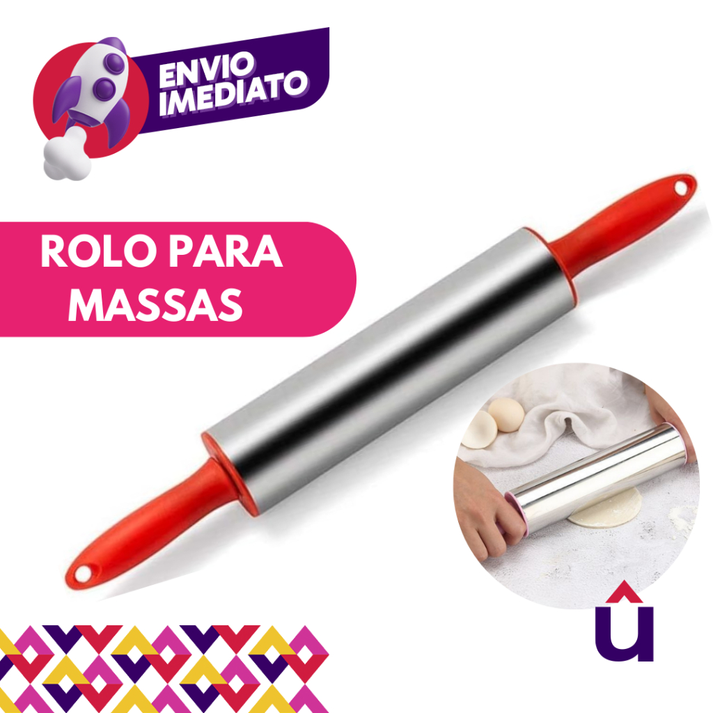 Rolo Abrir Massa Macarrão Pastel Pães Inox e Cabo Plástico Colorido Padaria Pizzaria Confeitaria