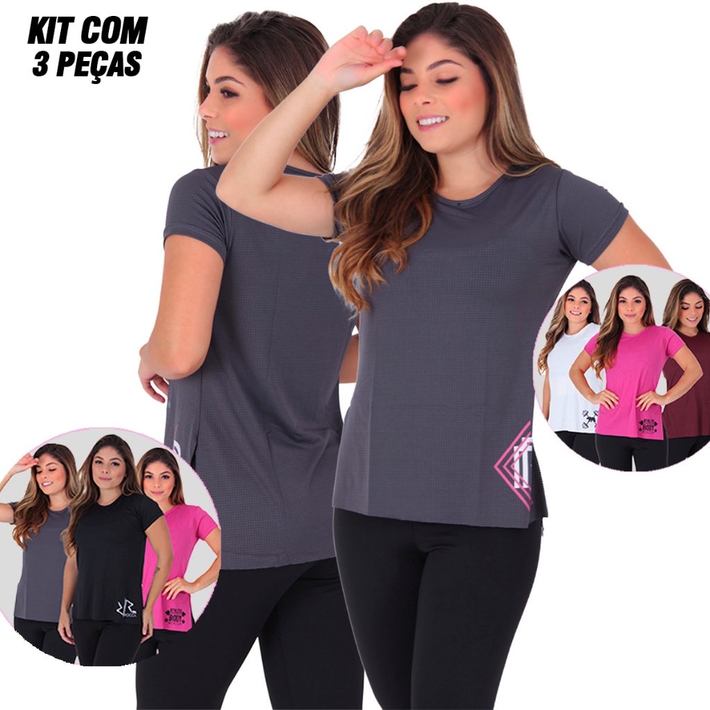 Kit 3 Blusas Feminina Dry Fit Poliamida Academia Fitness Esportiva em Oferta na Shopee