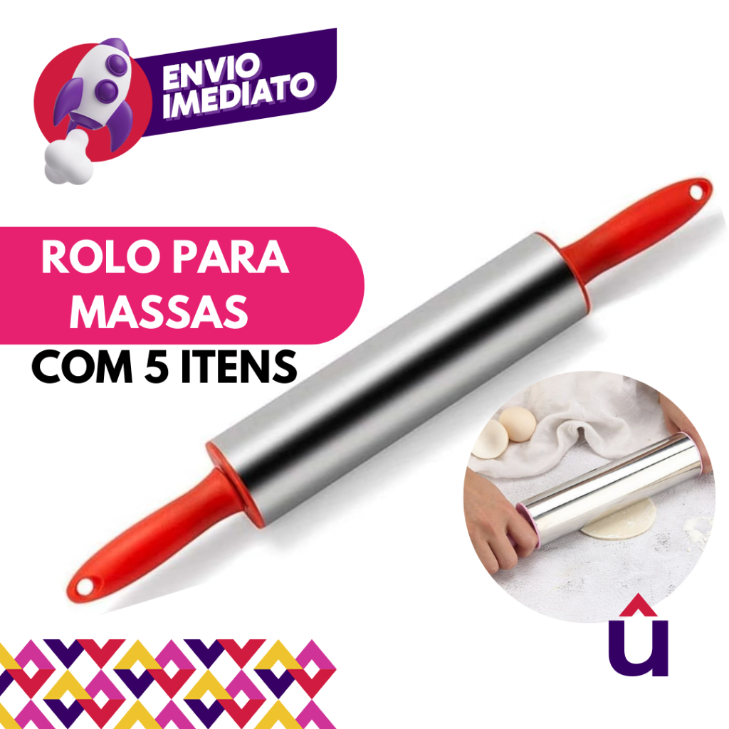 05 Un. Rolo Abrir Massa Macarrão Pastel Inox e Cabo Plástico Colorido Padaria Pizzaria Confeitaria