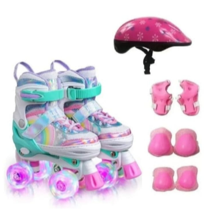 Patins 4 Rodas ARCO IRIS Com Luz De Led E Glitter Top Patins Com Kit Proteção Menina Menino Promoção