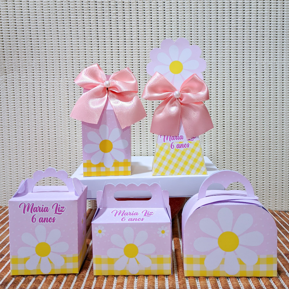 Kit Festa Margaridas ROSA Personalizados Lembrancinhas Caixinhas para festa PEGUE E MONTE