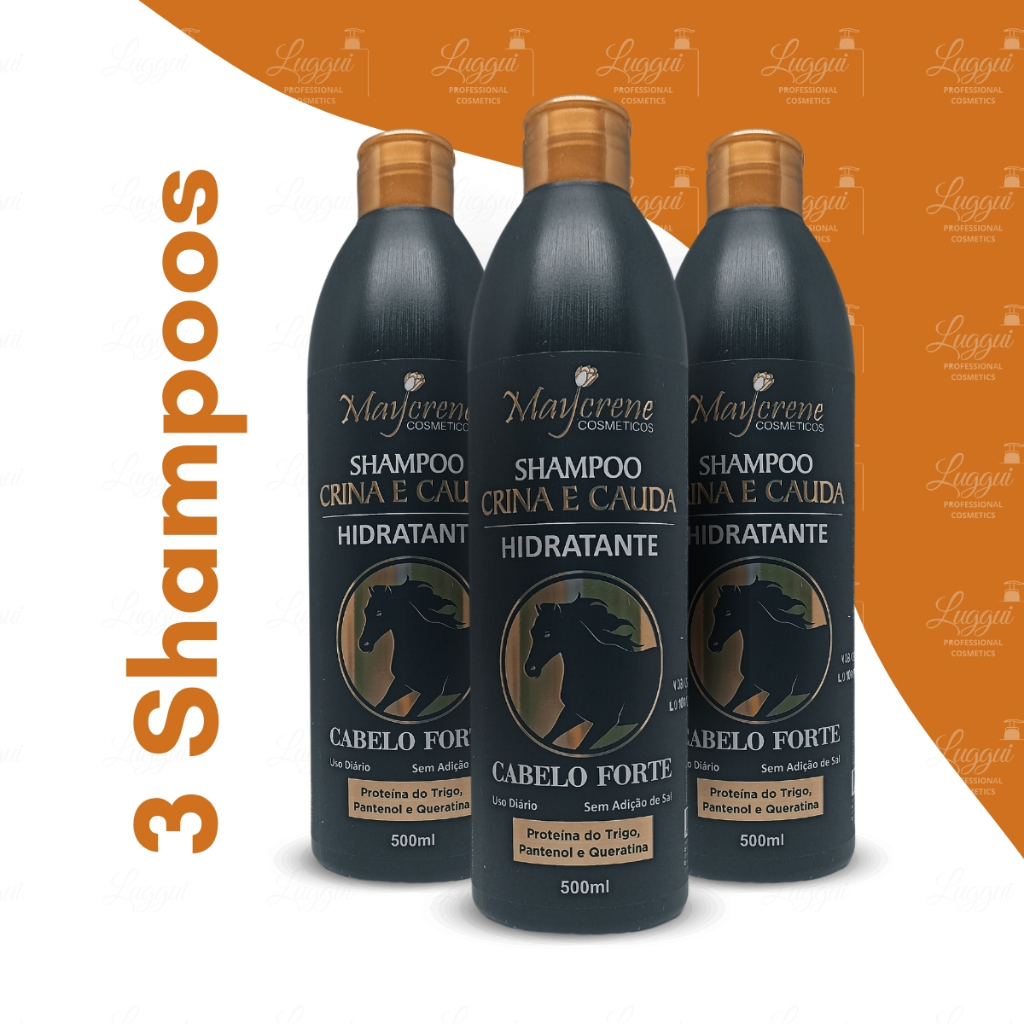 3 Shampoos Crina e Cauda Limpeza e Fortalecimento dos Fios 3x500ml Maycrene Cosméticos em Oferta na Shopee