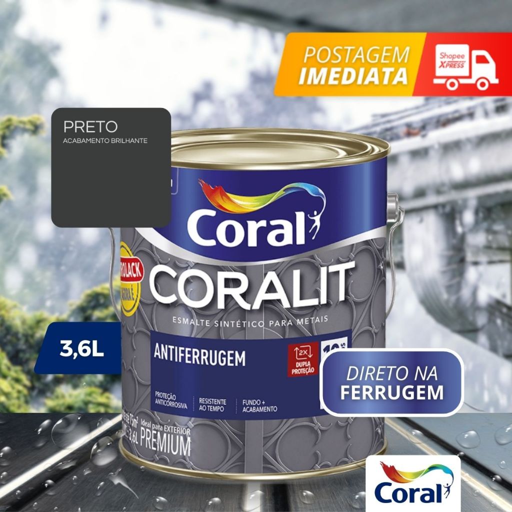 Tinta Esmalte Ferrolack Antiferrugem Coralit 3,6l Preto