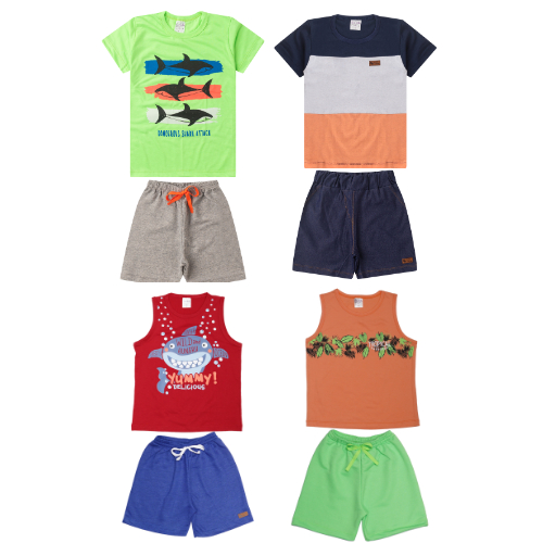 Kit Sortido 4 Conjuntos 2 Camisetas 2 Regatas + 4 Bermudas Infantil Menino Masculino 8 Peças Verão