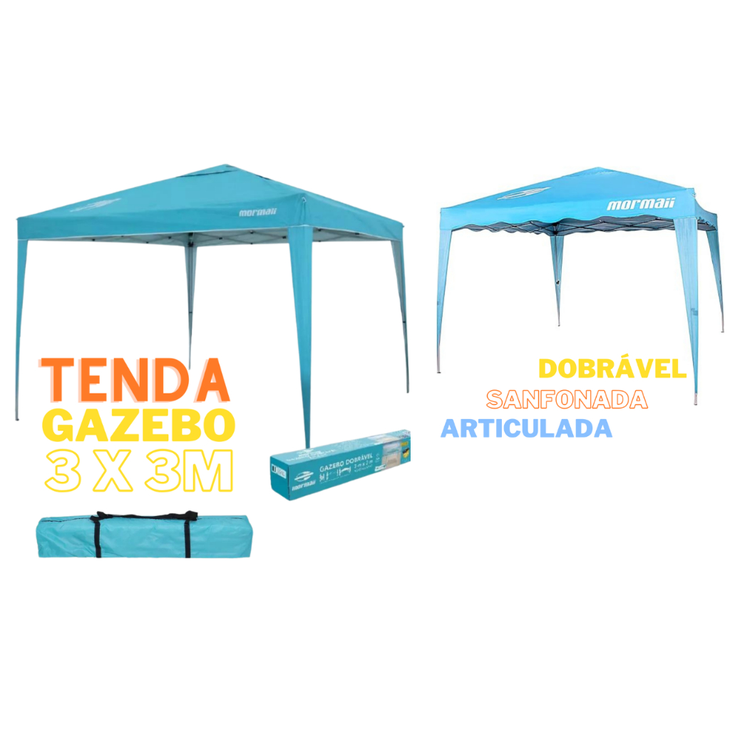Tenda Gazebo Dobrável Mormaii Articulada 3m x 3m Poliéster Turquesa.