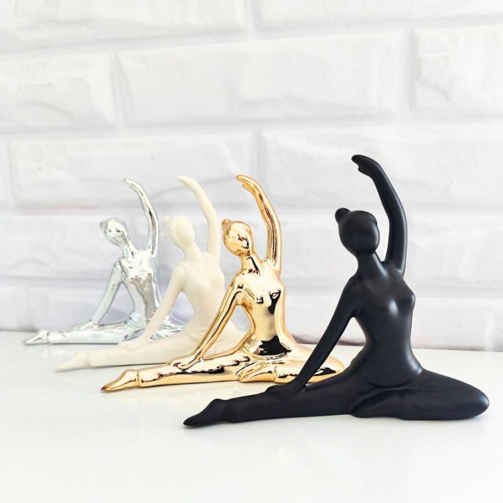 Imagem Enfeite Decorativo De Porcelana Meditação Yoga Alongando 16x13cm Branco Preto Dourado Rose  Prata