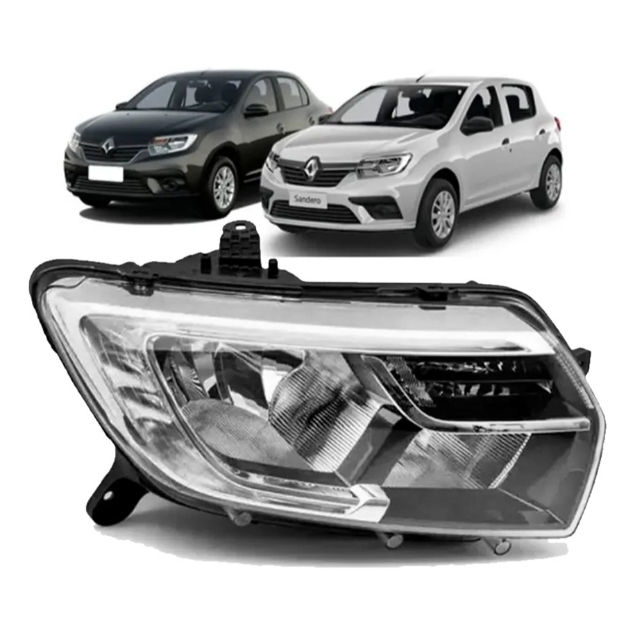 Farol Logan Sandero Com Led Foco Duplo Máscara Cromada 2020 2021 2022 2023 2024