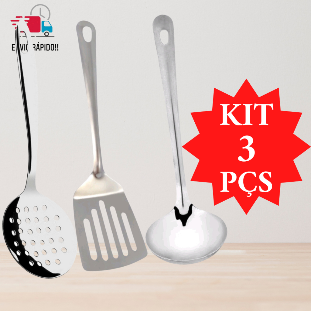 Kit Conjunto 3 Peças Escumadeira Inox Concha Inox e Espátula Vazada em Inox