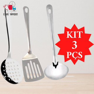 Kit Conjunto 3 Peças Escumadeira Inox Concha Inox e Espátula Vazada em Inox