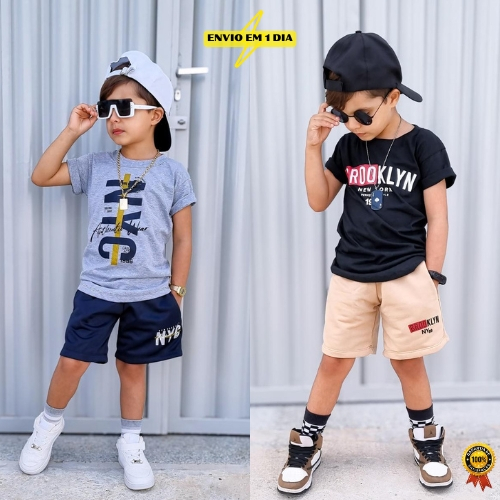 Conjunto Infantil Juvenil de Menino Estiloso Camisa de Malha e Bermuda de Moletinho do 4 ao 14 anos