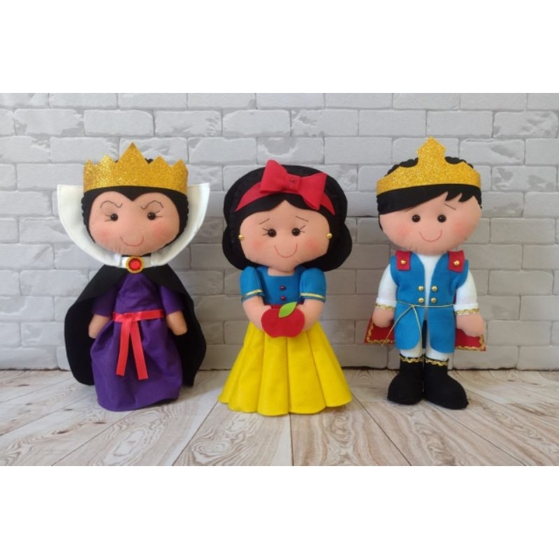 3 Bonecos Branca de Neve Madrasta e Príncipe 30cm Feltro Festa Decoração