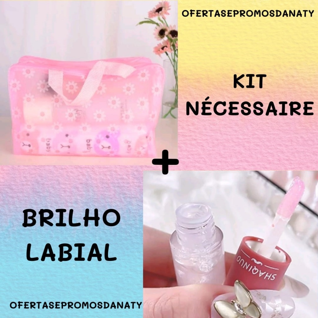 Nécessaire Feminina Maquiagem Floral Nécessaire Feminina Viagem + Kit 3 Brilho Labial Longa Duração