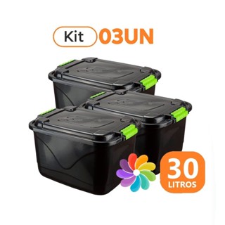 Kit 3 Caixas Organizadora 30l Grande C/Tampa e Trava Cesto para Brinquedos e Multiuso em Oferta na Shopee