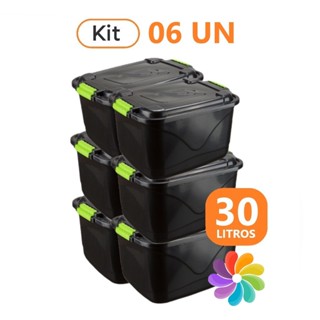 Kit 6 Caixas Organizadora 30L Tampa e Trava Cesto Container Grande P/ Brinquedos Ferramentas Multiuso em Oferta na Shopee