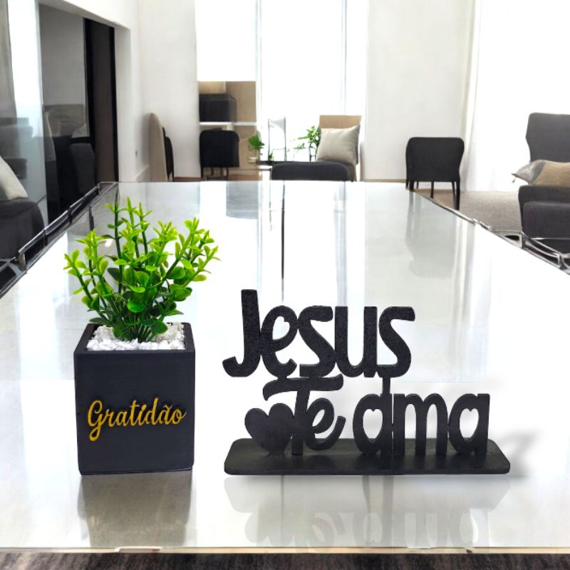 Kit Vasinho com plantinhas Artificiais mais Letreiro Jesus te ama. Cachepot Mdf. em Oferta na Shopee