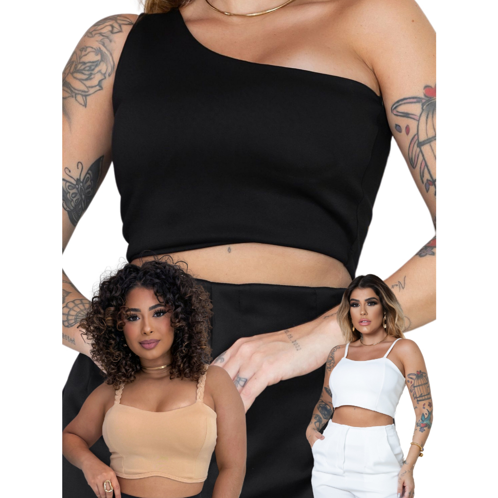KIT 3 Top Cropped Feminino Preto Branco Bege Variados Ombro Mula Manca Faixa com Alça Fina E Cropped Alça Trançada Neoprene Suplex Bojo Academia Moda Sexy Balada Dia a Dia Country