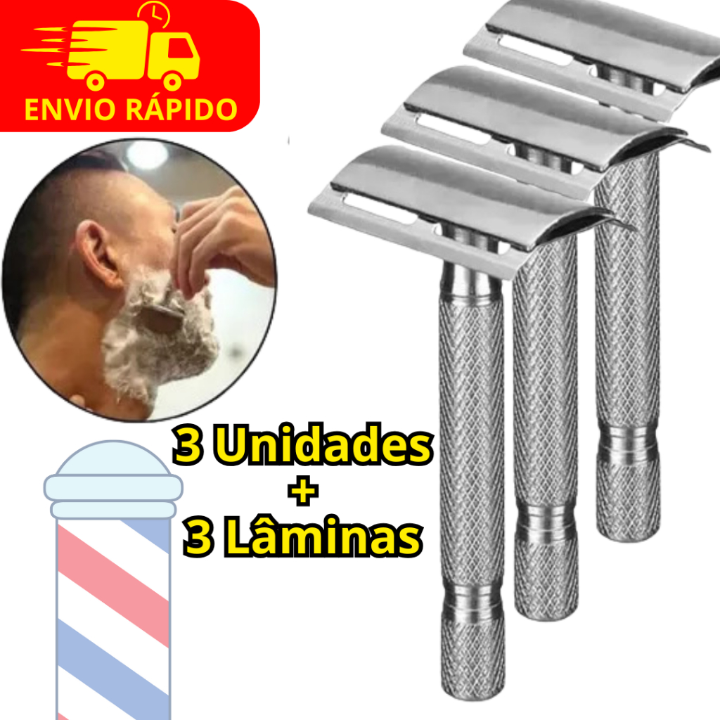 Kit 3 Aparelho de Barbear De Metal Retrô + 1 Lâmina Anti-Irritação