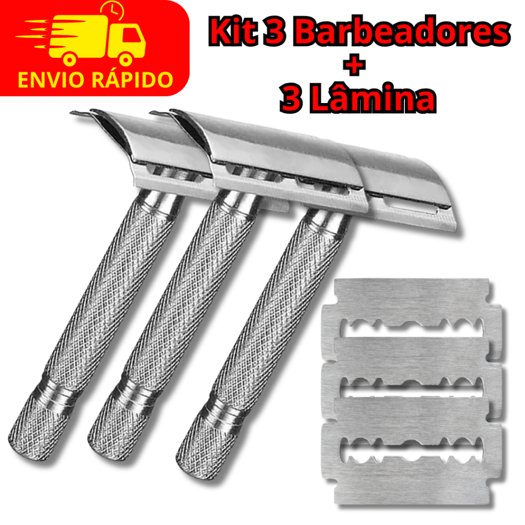 KIT 3 Aparelho De Barbear Metal + Lâmina de Barbear Original Anti-Irritação Qualidade Top